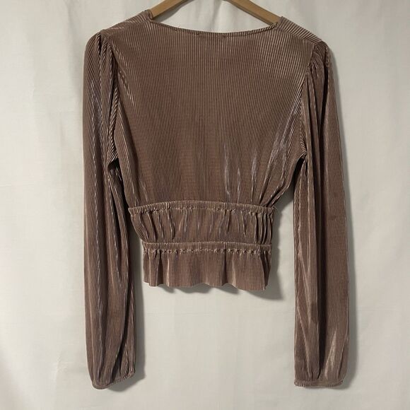 Zara Long Puffed Sleeve Bronze Champagne Accordion Micro Pleated Top M - Picture 7 of 7